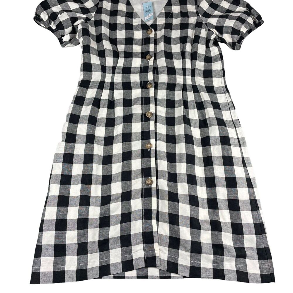 LOFT Dress Womens 8P Petite Black White Plaid Button V-Neck Checkered Casual NWT - Picture 7 of 10